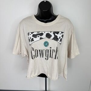 Zutter Graphic Tee Womens Large Cowgirl Cow Print Turquoise Raw Hem Beige F949